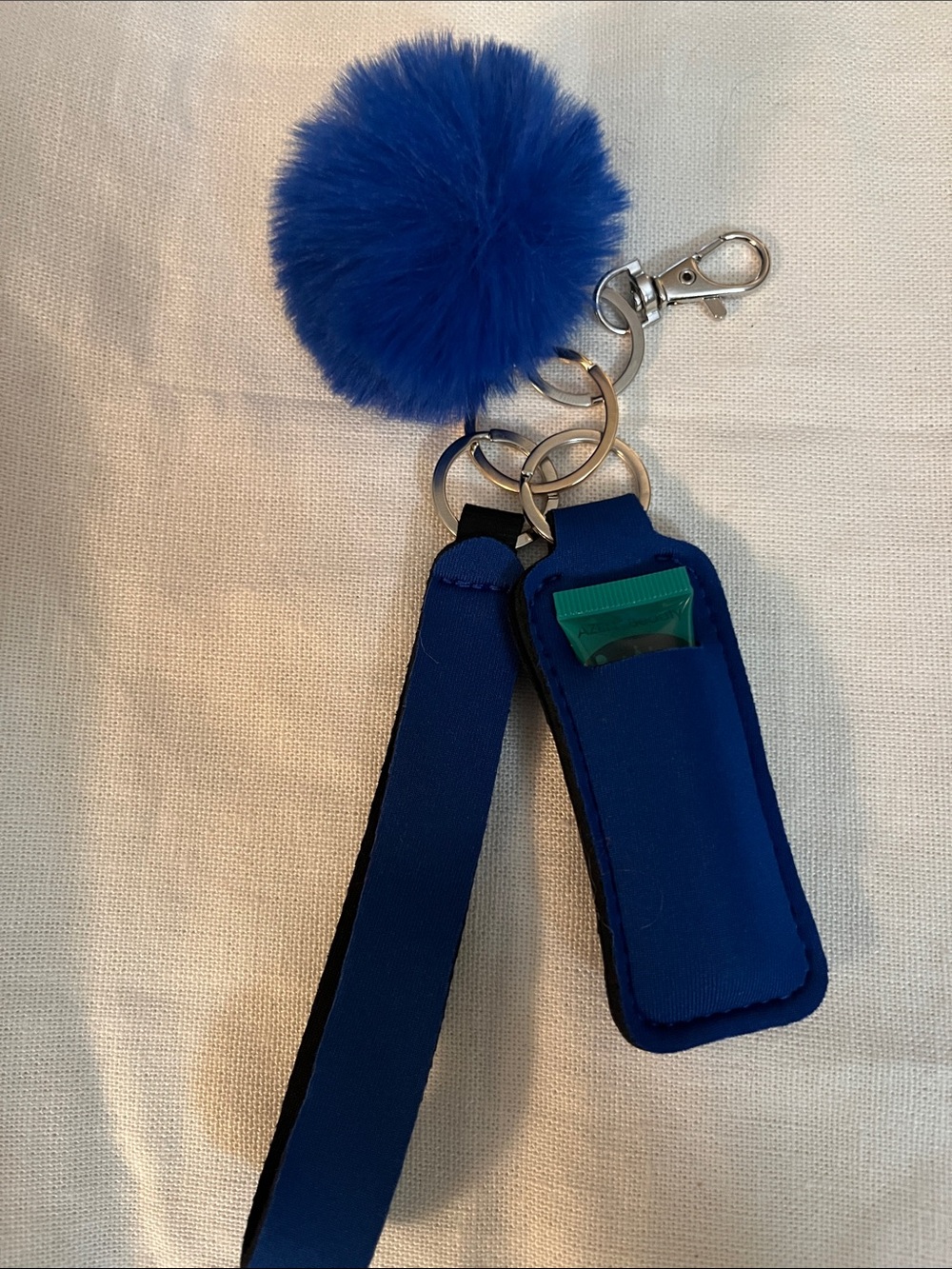 Blue Pom-Pom Keychain with Lip Balm Holder